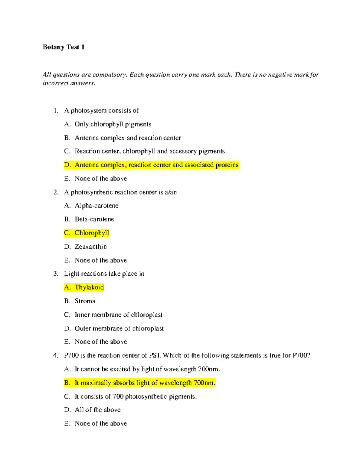 Botany Test 1 (Photosynthesis) Answer Key and Review Guide - Studocu