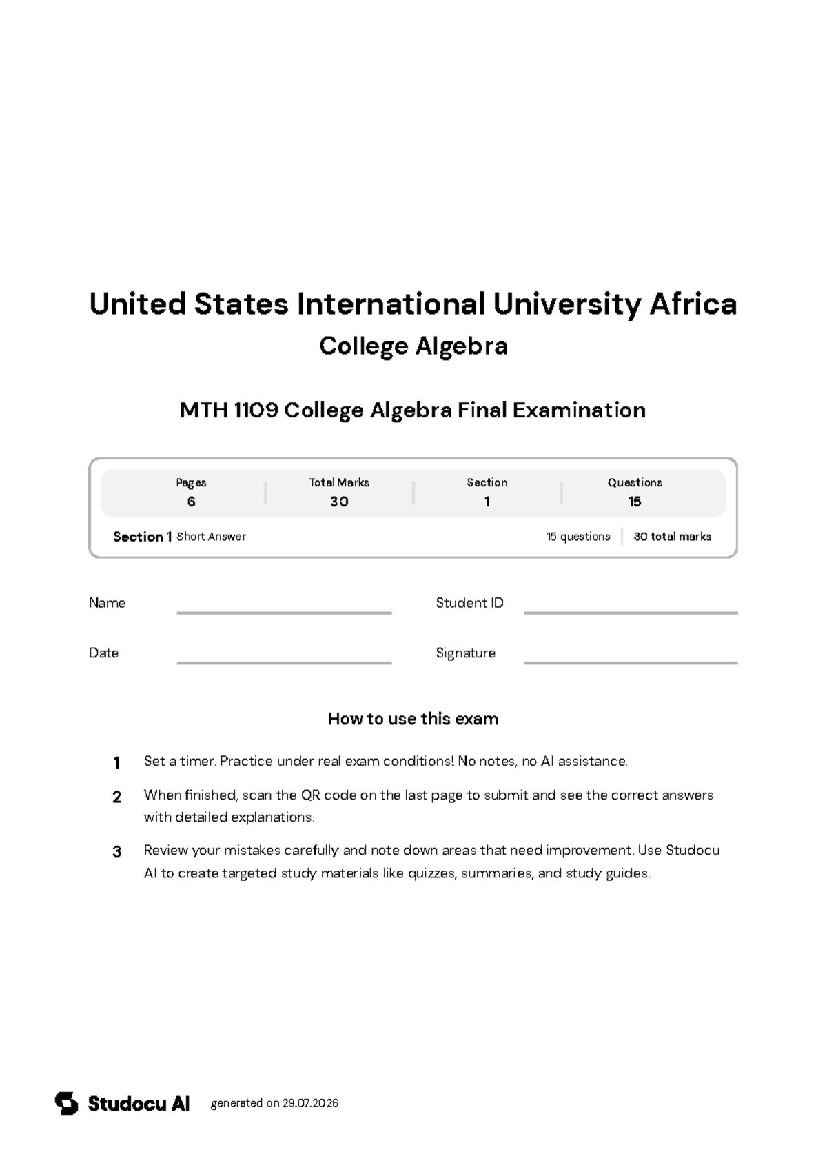 MTH 1109 College Algebra Final Exam - Studocu