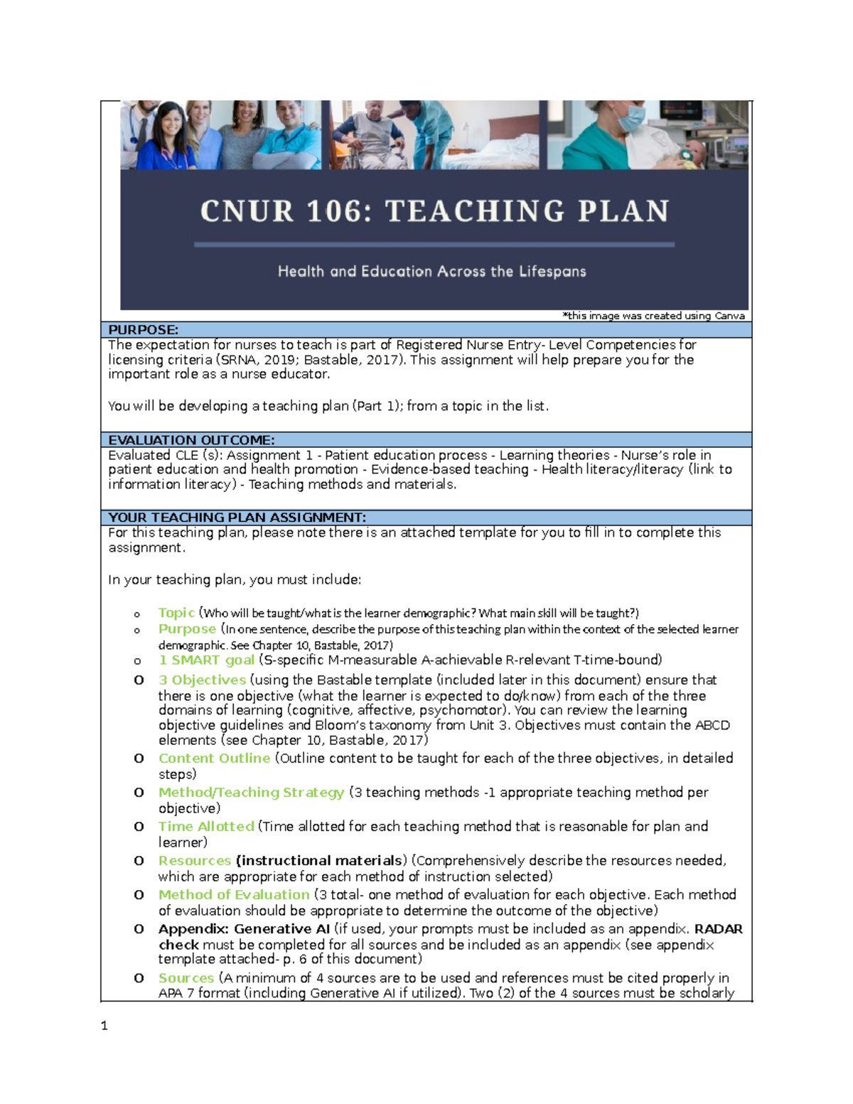CNUR 106 Assignment 1 Teaching Plan & Evaluation Rubric 2024 - Studocu