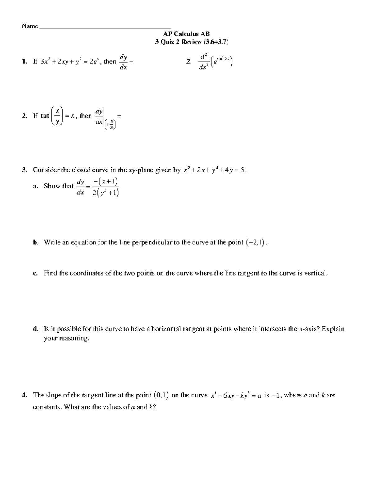 AP Calculus AB 3 Quiz 2 Review Notes and Problem Solutions - Studocu