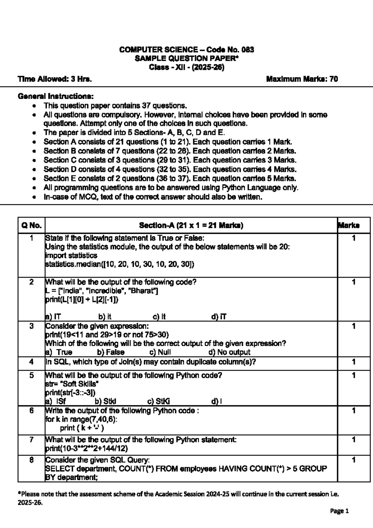 Computer Science Code No. 083 Class XII Sample Question Paper - Studocu