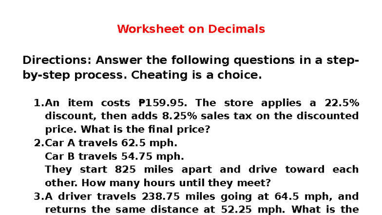 Worksheet-on-Decimals - Worksheet on Decimals Directions: Answer the ...
