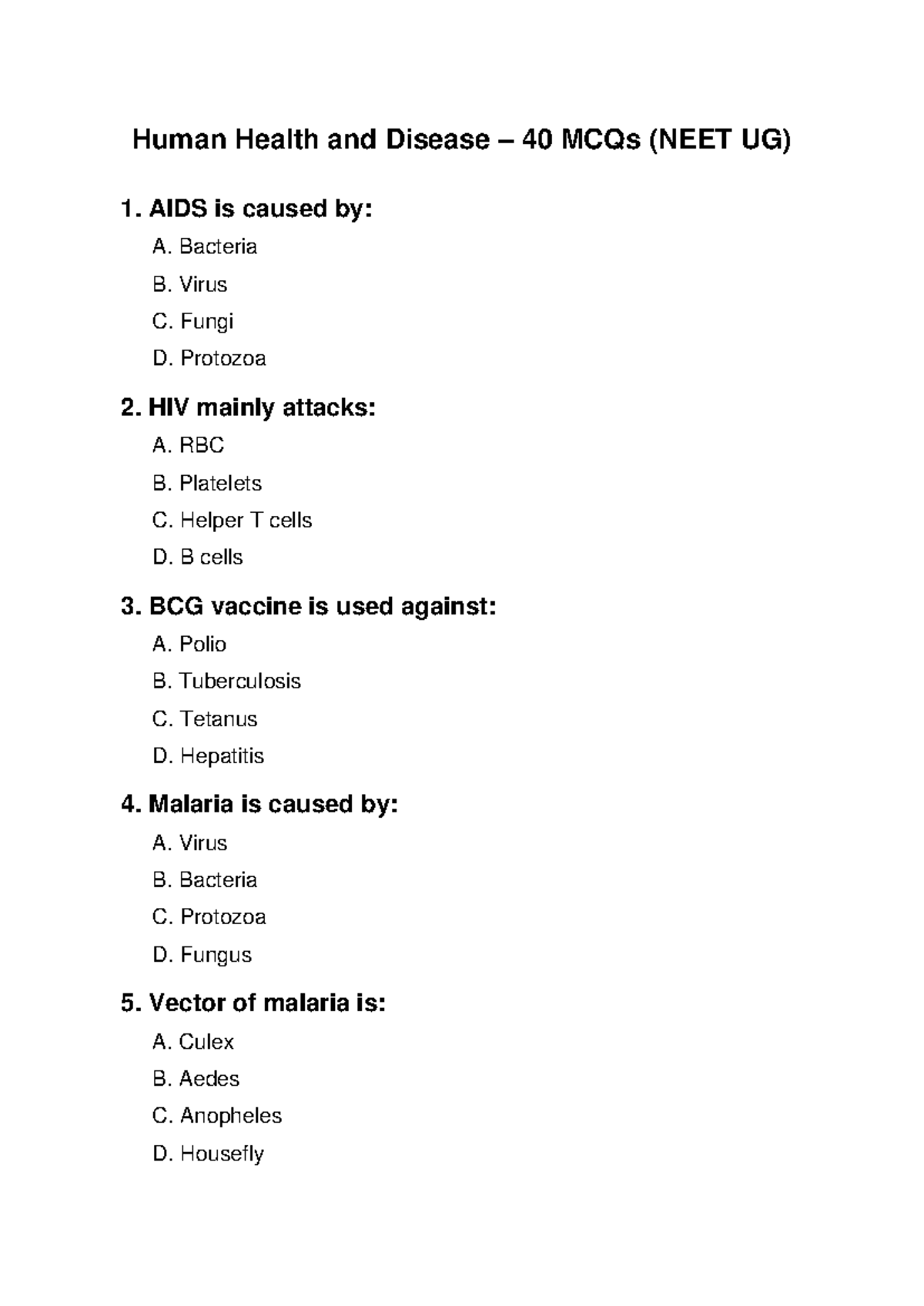 Human Health and Disease MCQs – 40 Questions (NEET UG) - Studocu
