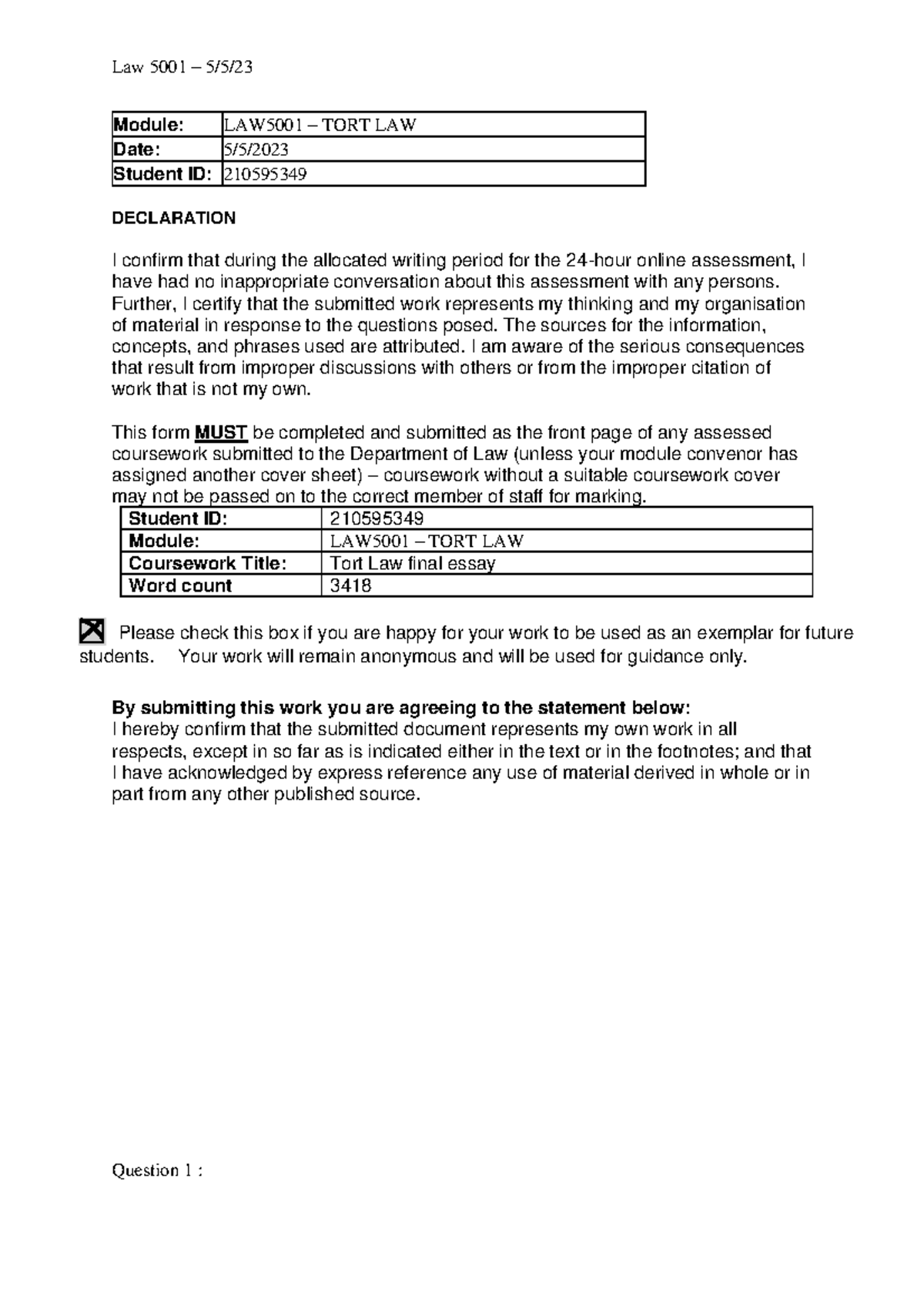 210595349 - Tort law summative - Module: LAW5001 – TORT LAW Date: 5/5 ...