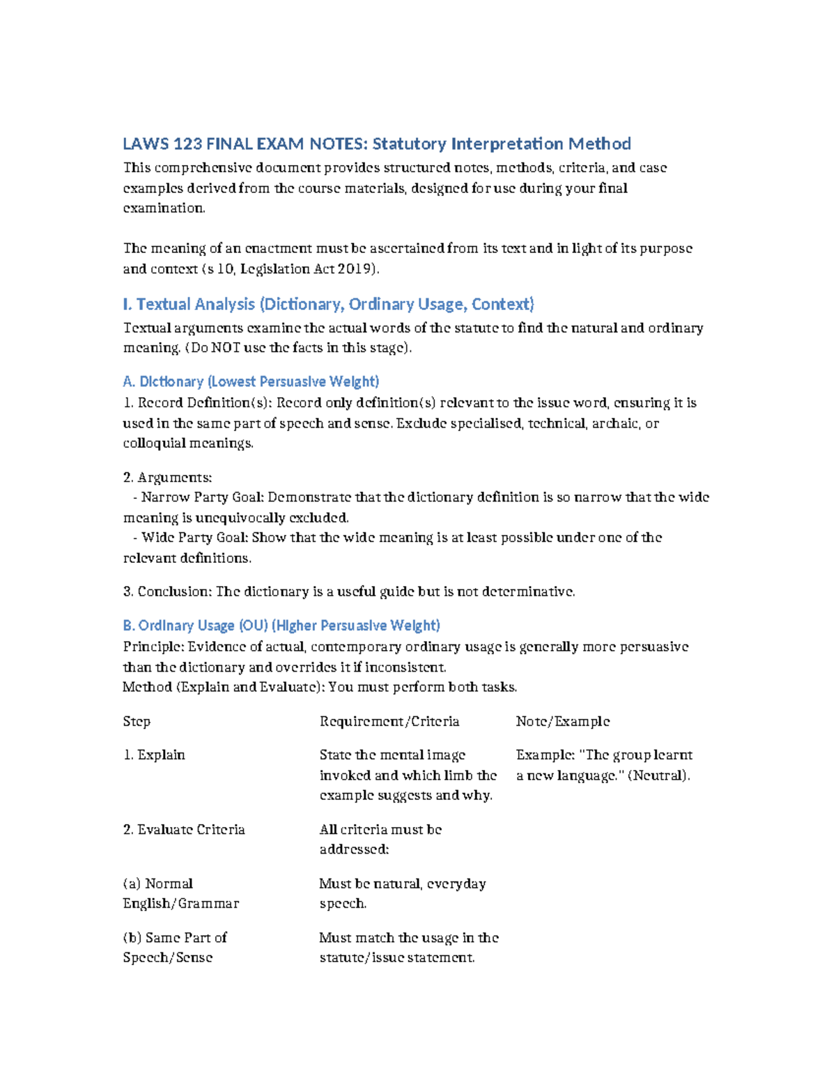 LAWS 123 FINAL EXAM NOTES: Statutory Interpretation Methods - Studocu