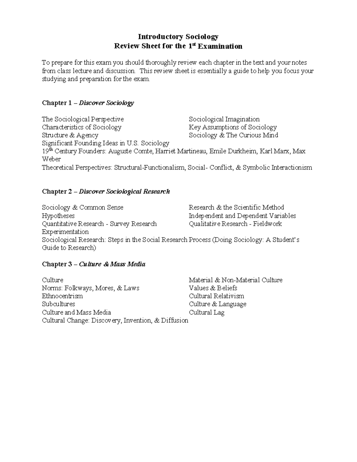 Review Sheet for Introductory Sociology (SOC101) - 1st Exam Prep - Studocu