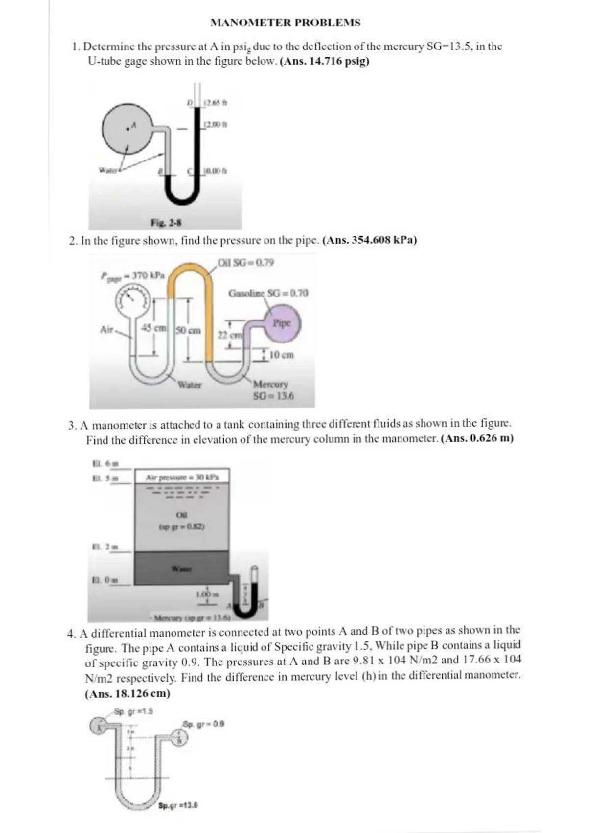 Manometer Problems: Pressure Calculations and Fluid Dynamics - Studocu