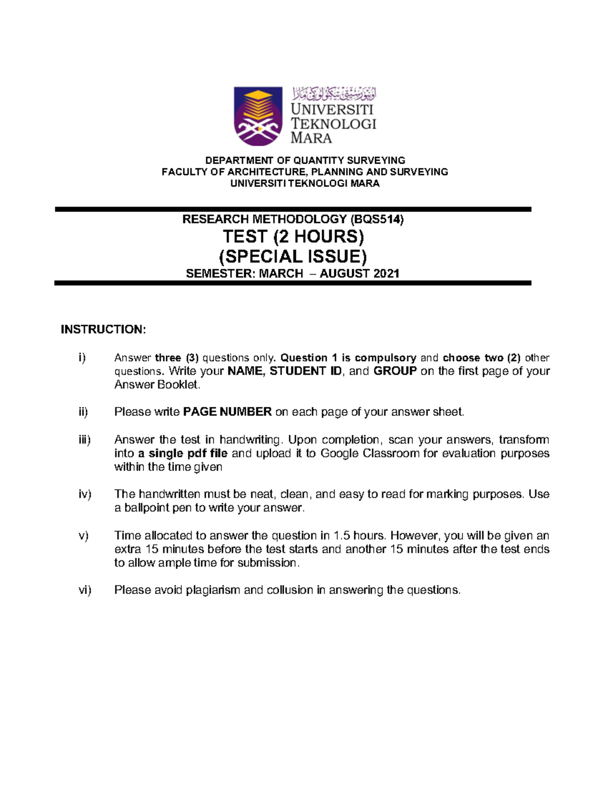 Final Test (BQS514): Research Methodology Special Issue 2021 - Studocu