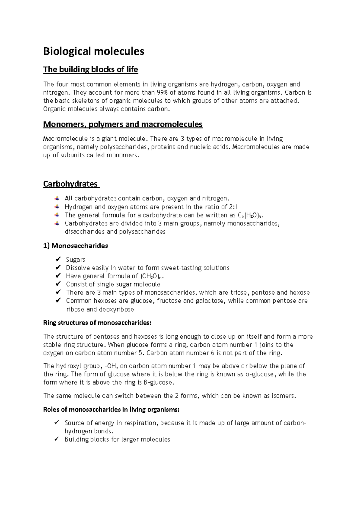 Biological Molecules - Lecture Note 2: Structure & Functions - Studocu