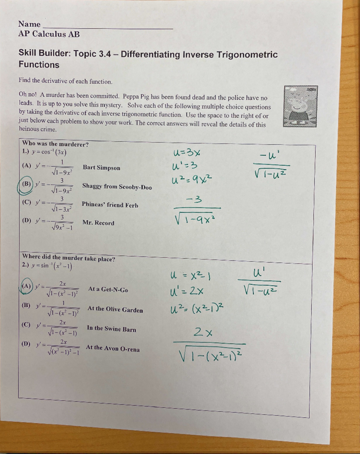 AP Calculus AB Skill Builder: Derivatives of Inverse Trig Functions ...