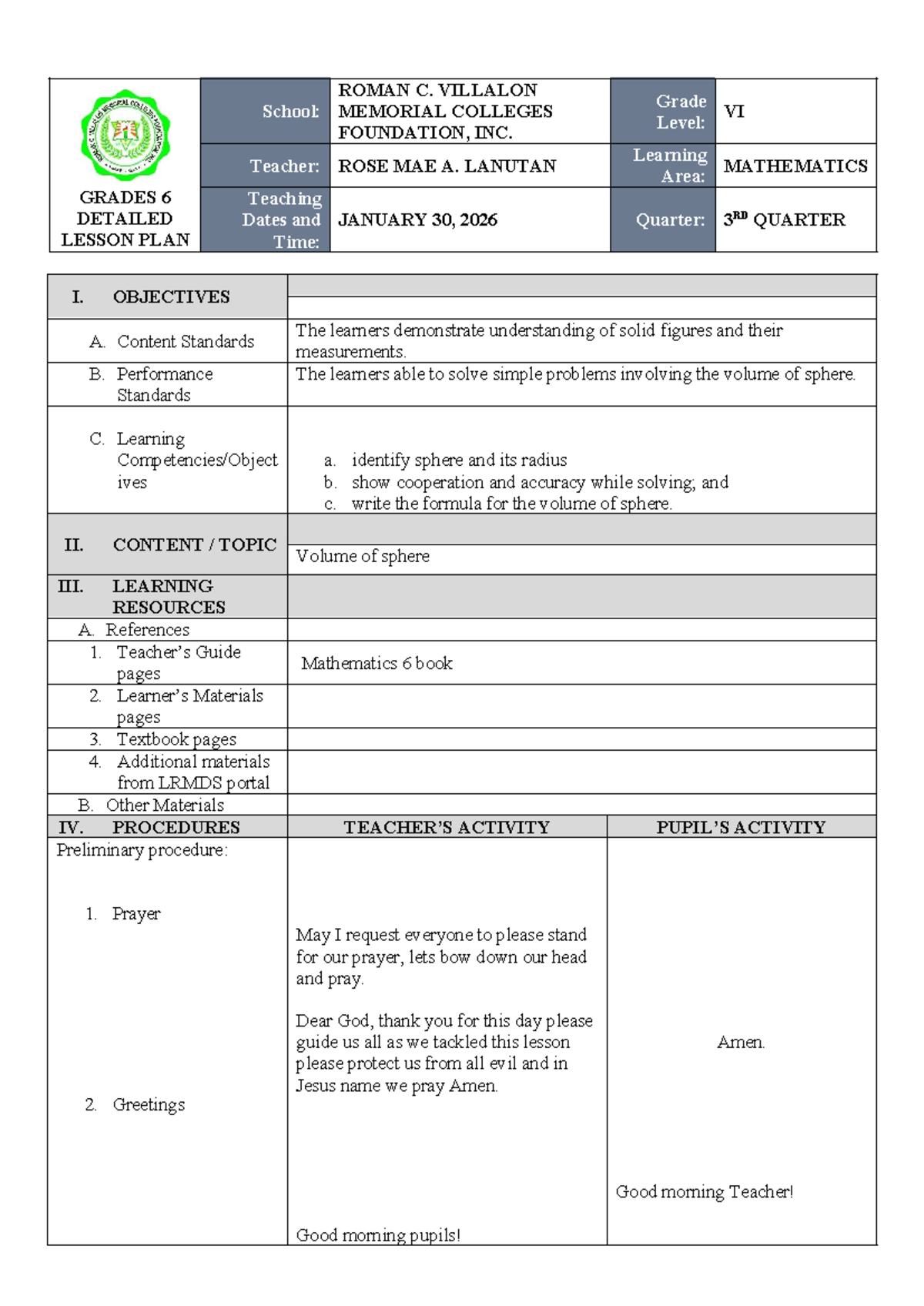 Detailed Lesson Plan for Grade 6 Mathematics (101732) - Studocu