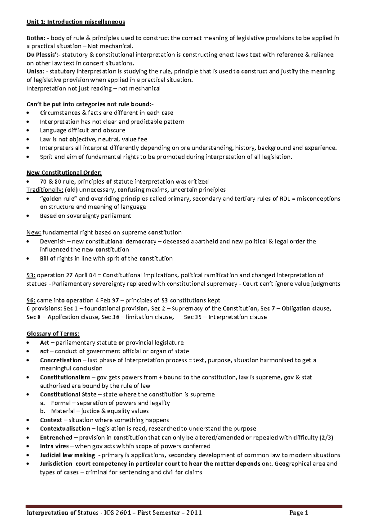Study Notes: Statutory Interpretation and Legislative Process (LAW 101 ...