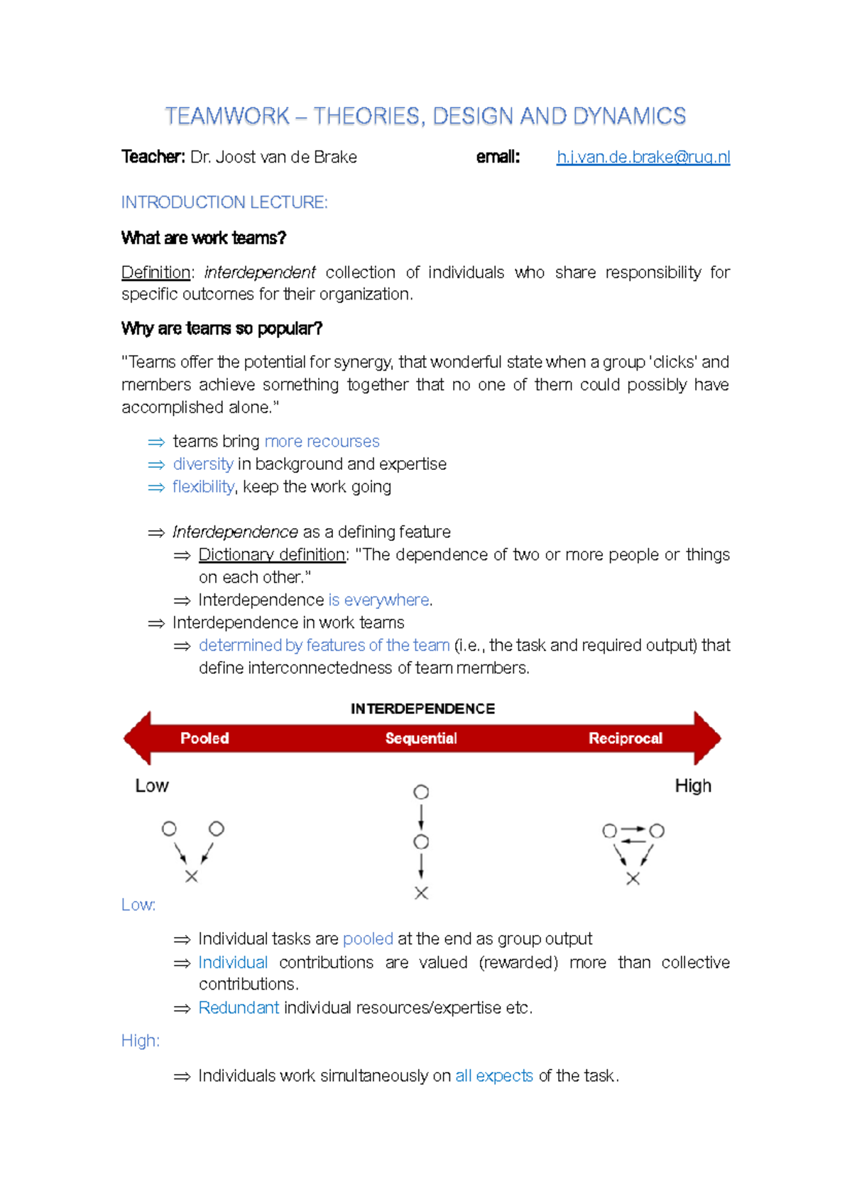 Teamwork Theories and Dynamics: Class Notes on XX1001 - Studeersnel