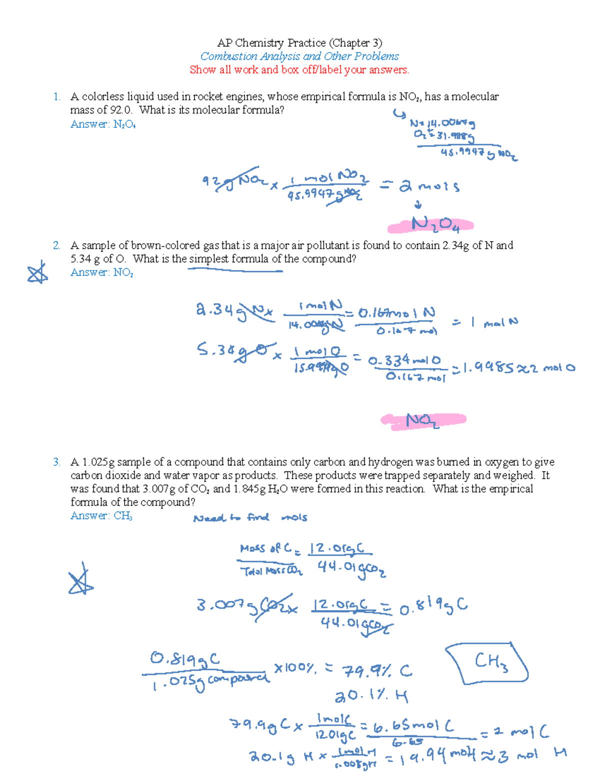 AP Chemistry Practice (Chapter 3) - Combustion Analysis Problems - Studocu
