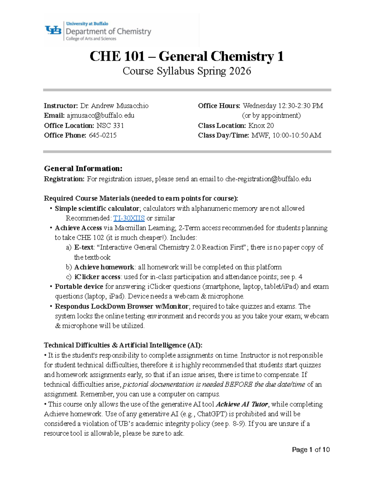 CHE 101 General Chemistry 1 Syllabus - Spring 2026 - Studocu