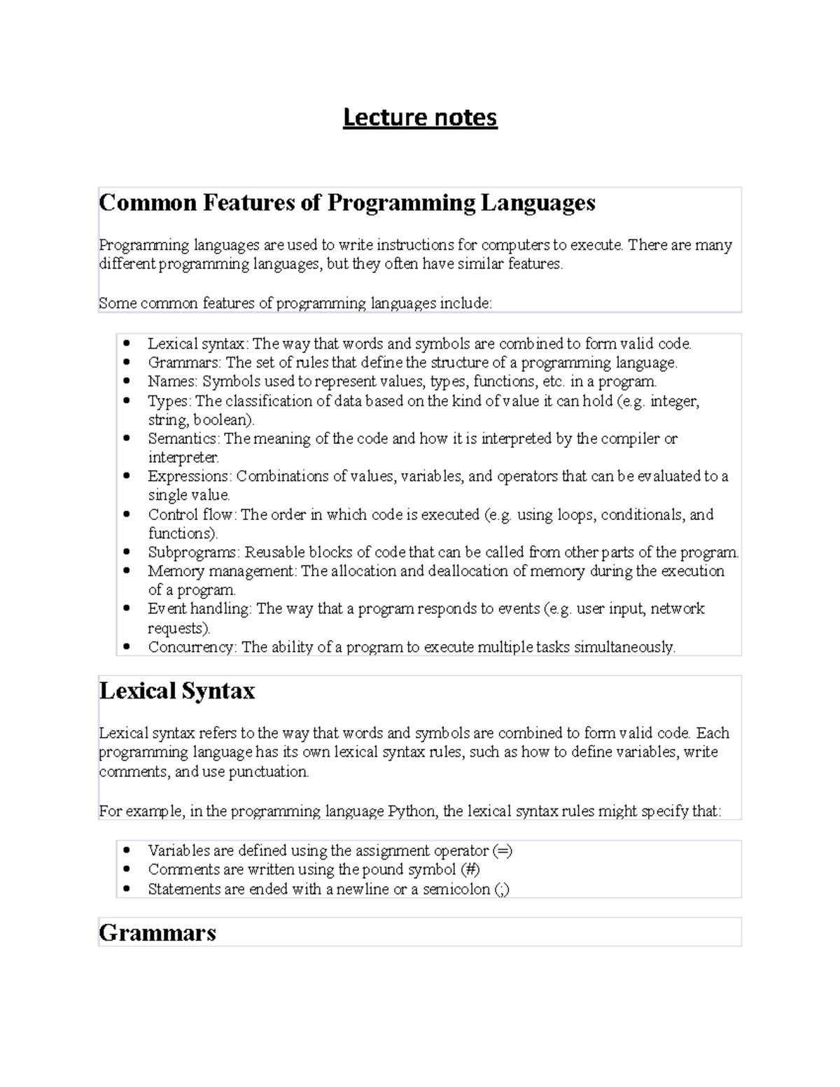 Lecture 1 - Common Features of Programming Languages - Studocu