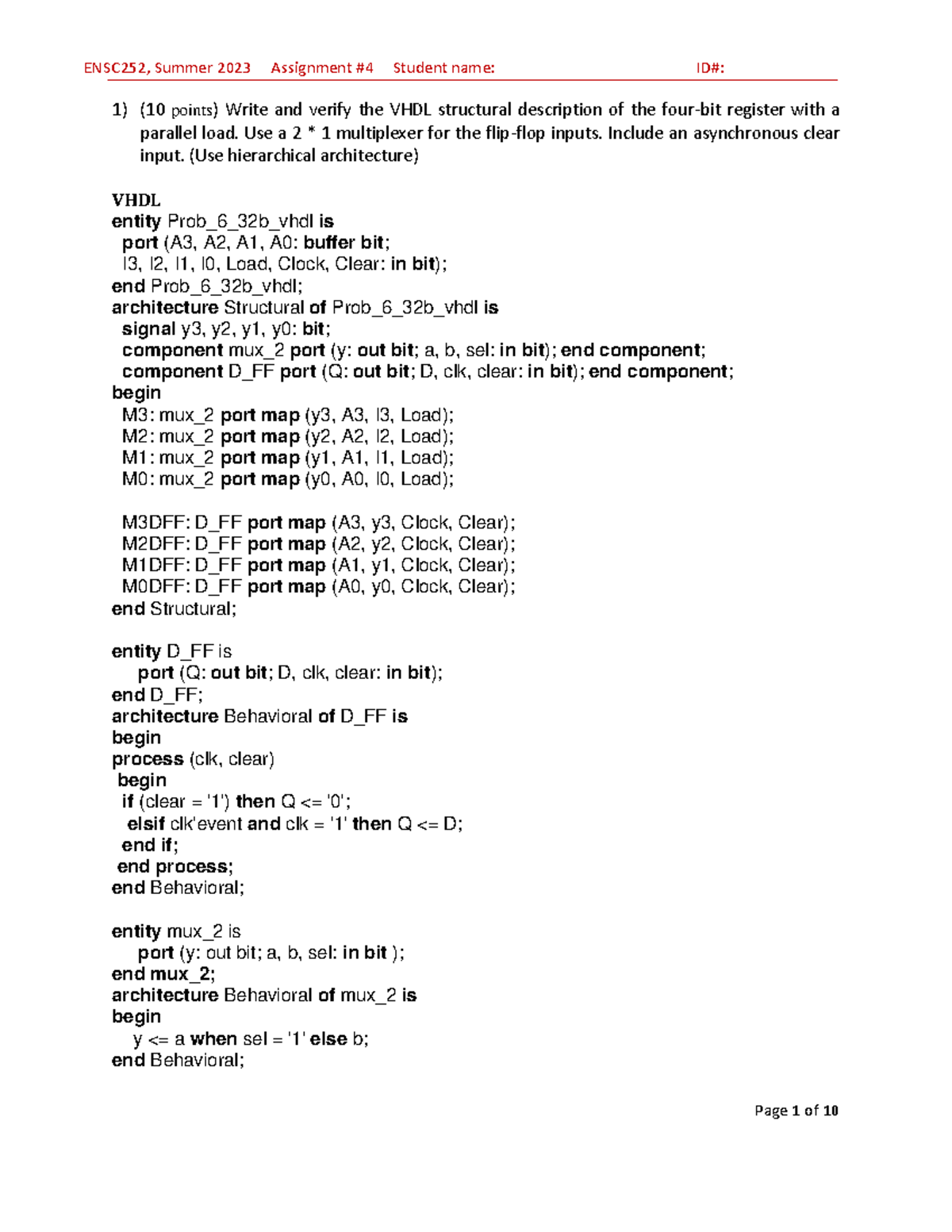 ENSC252 Assignment #4: VHDL Structural Design & Integer Division ...