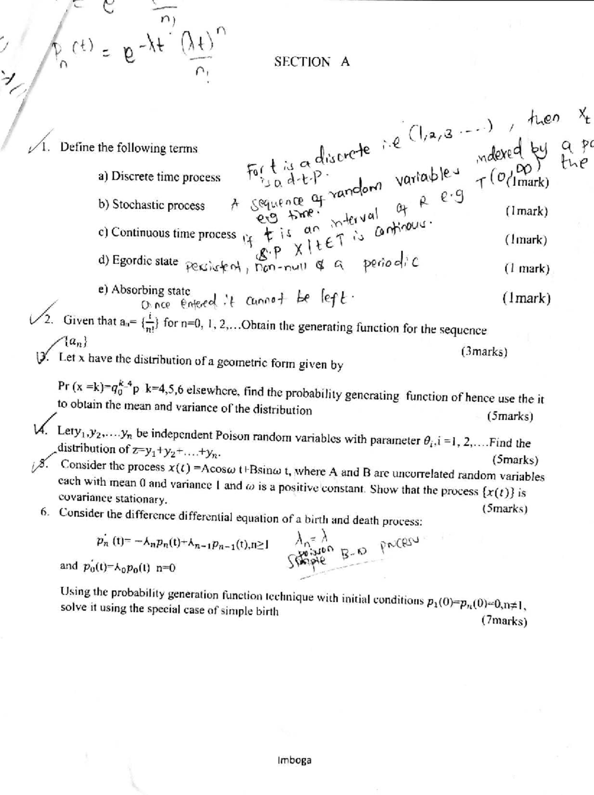 STA 2391: Stochastic Processes - Exam Solutions and Definitions - Studocu