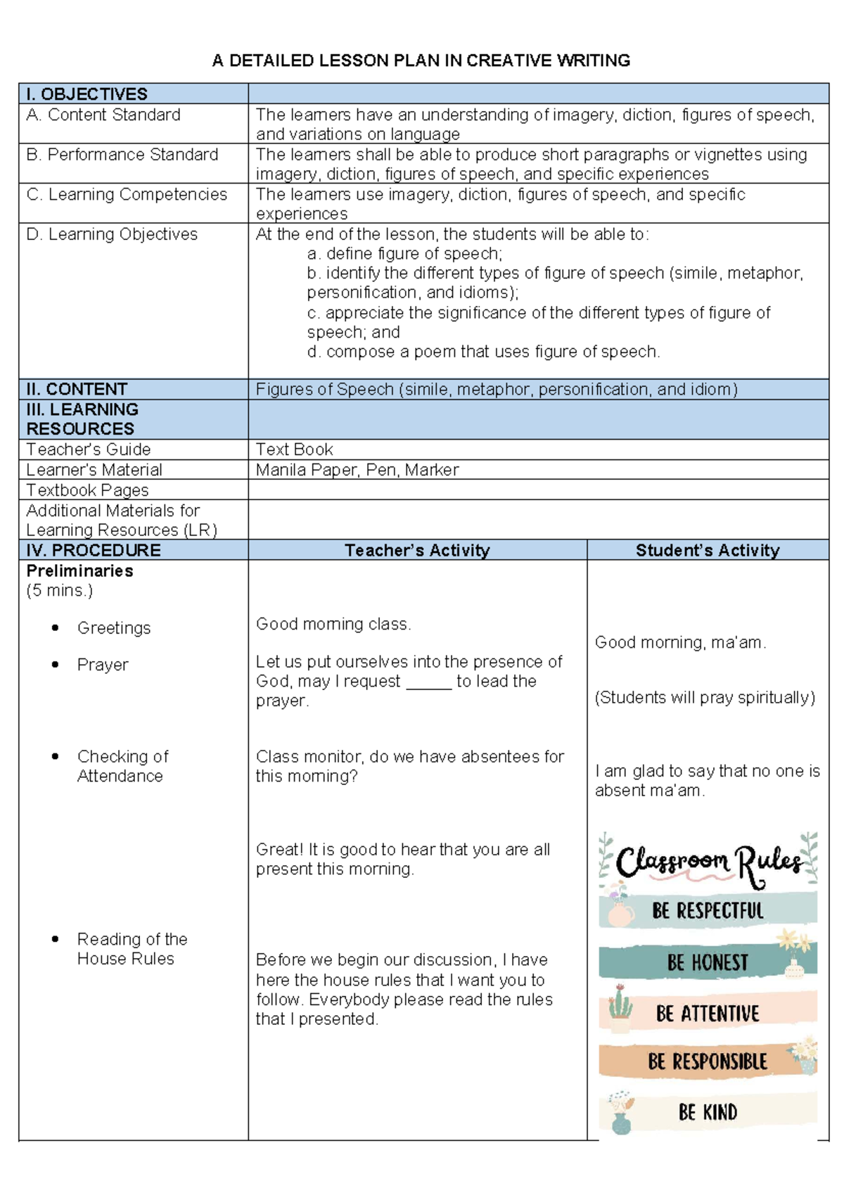 Creative Writing I: Detailed Lesson Plan on Figures of Speech - Studocu