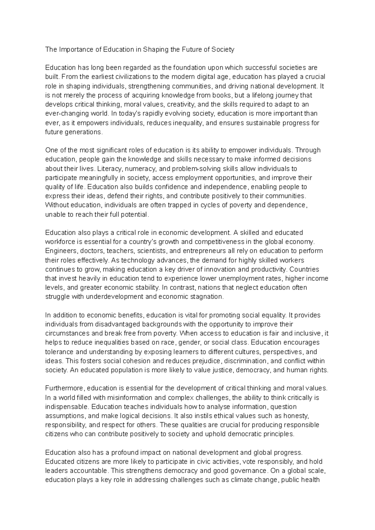 The Role of Education in Shaping Society's Future: Key Insights - Studocu