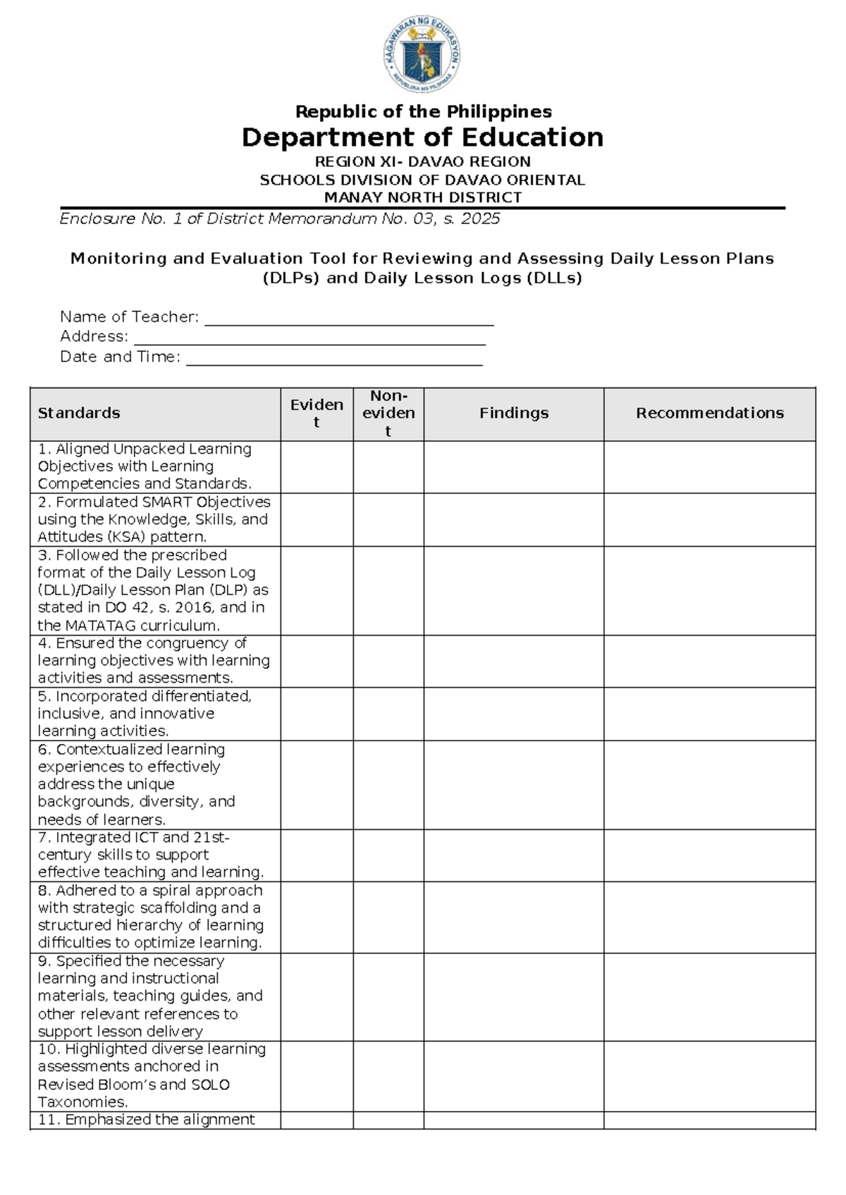 Monitoring & Evaluation Tool for DLPs & DLLs - Enclosure No. 1 - Studocu