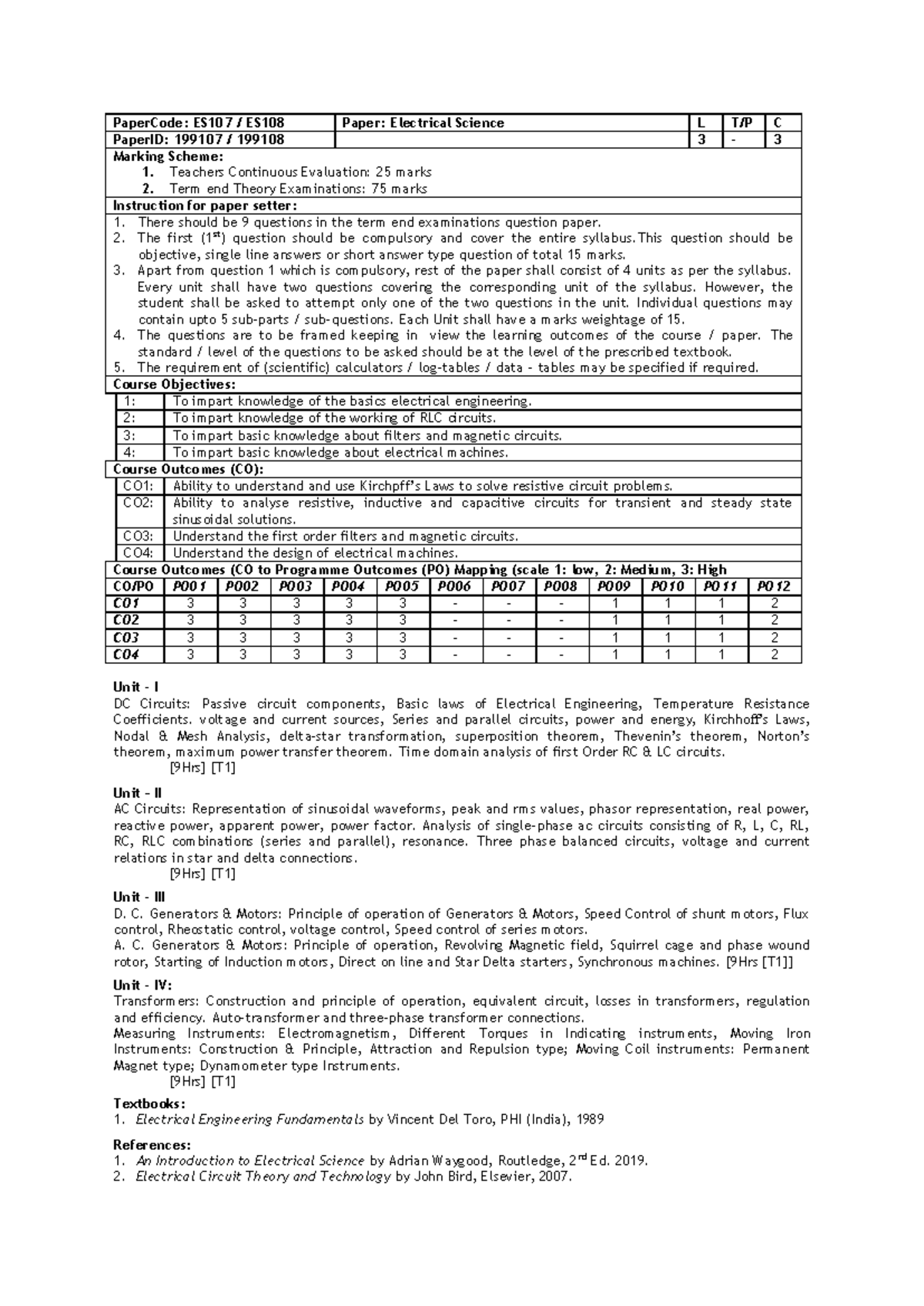 UNIT 1 - 4 ES Notes - PaperCode: ES107 / ES108 Paper: Electrical ...