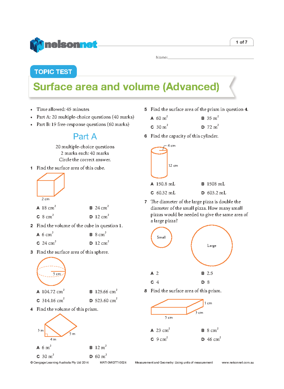 Year 10 Revision Set 2: Surface Area, Volume, and Equations Test - Studocu