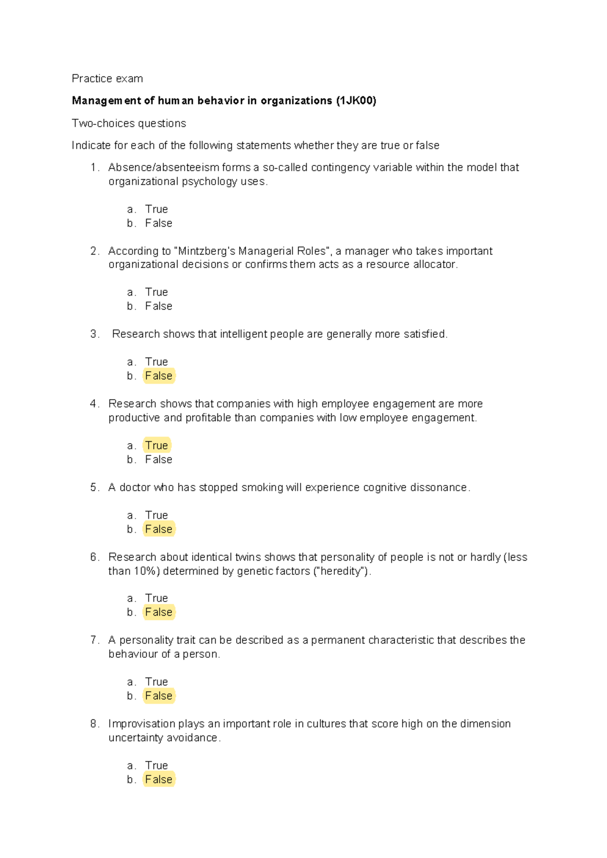 Practice Exam Summary for Management of Human Behavior (1JK00 ...