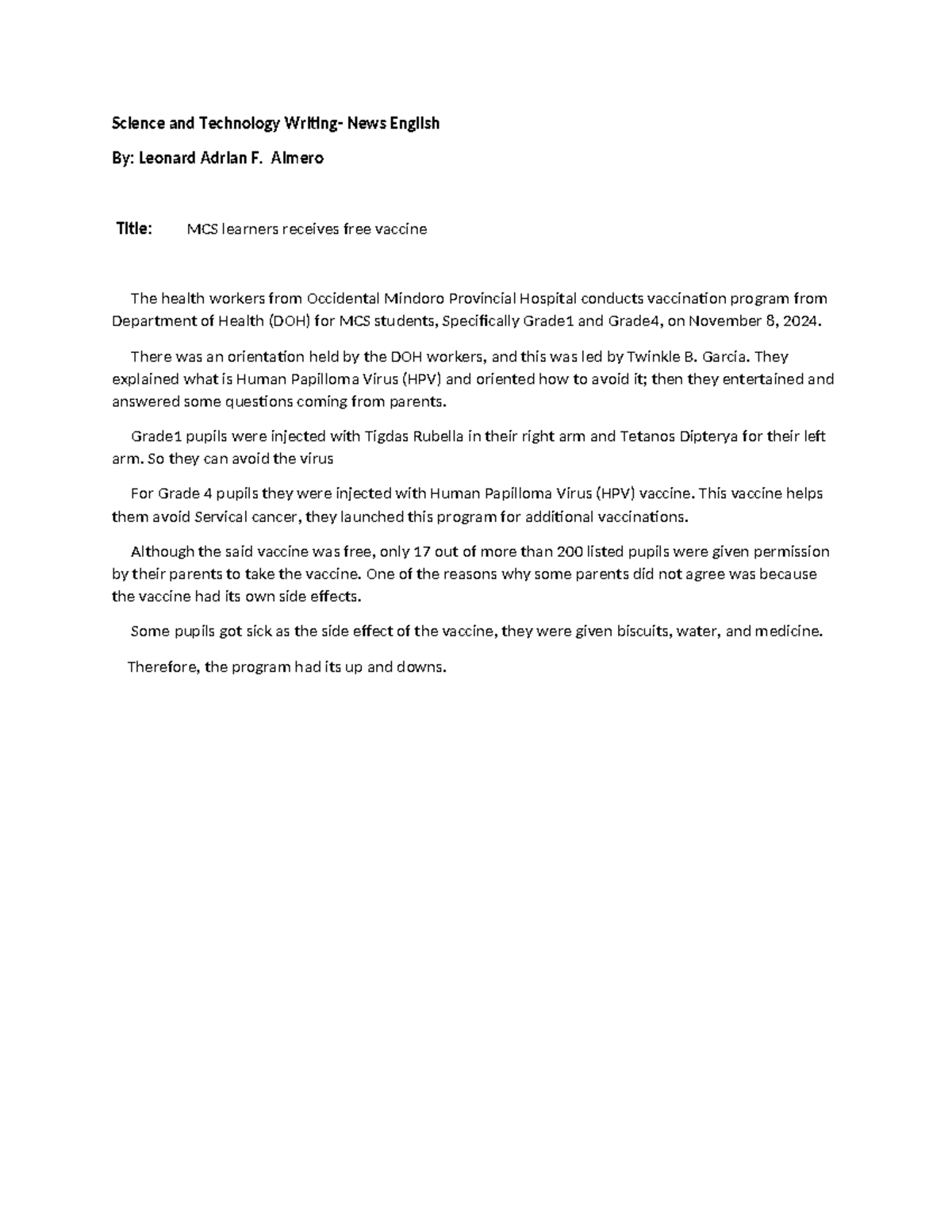 Leonard - sample output - Science and Technology Writing- News English ...