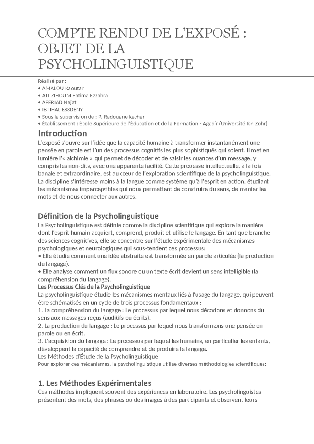 COMPTE RENDU : INTRODUCTION À LA PSYCHOLINGUISTIQUE - Studocu
