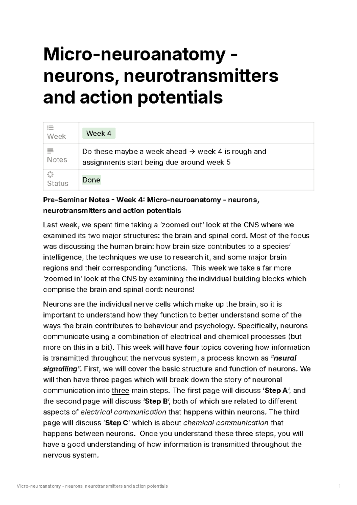 Neurons, Neurotransmitters & Action Potentials: Week 4 Lecture Notes ...