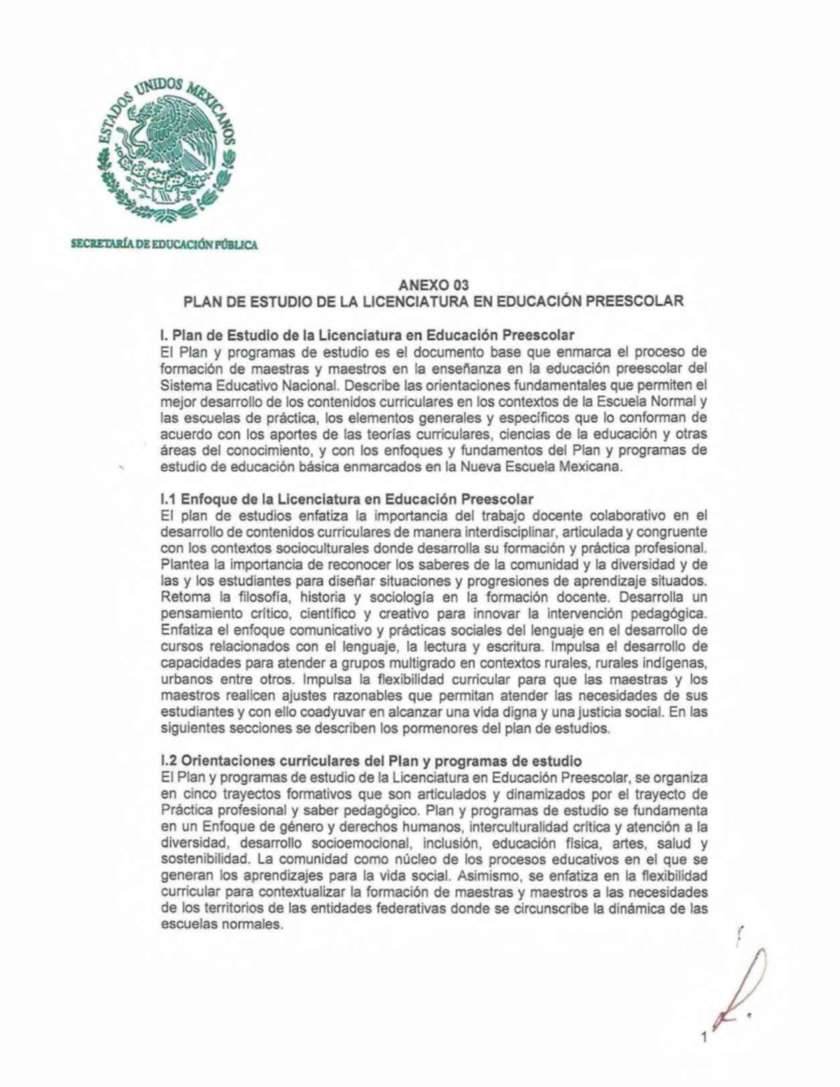Anexo 03: Plan de Estudio de la Licenciatura en Educación Preescolar ...