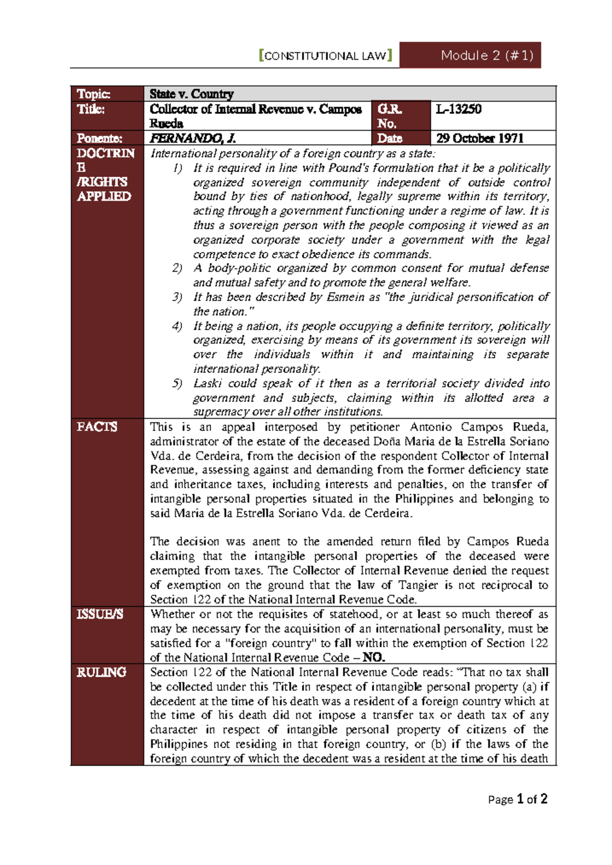 1. Collector of Internal Revenue v. Campos Rueda ( Digest ...