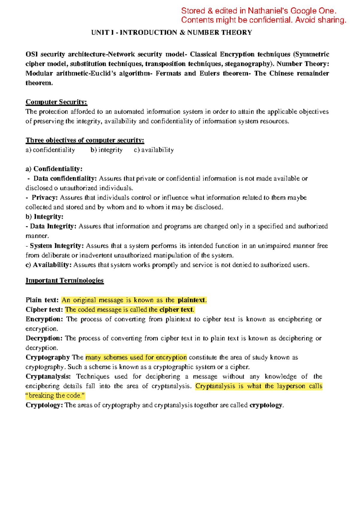 CNS 101 - Unit 1: Introduction to Number Theory and OSI Security - Studocu