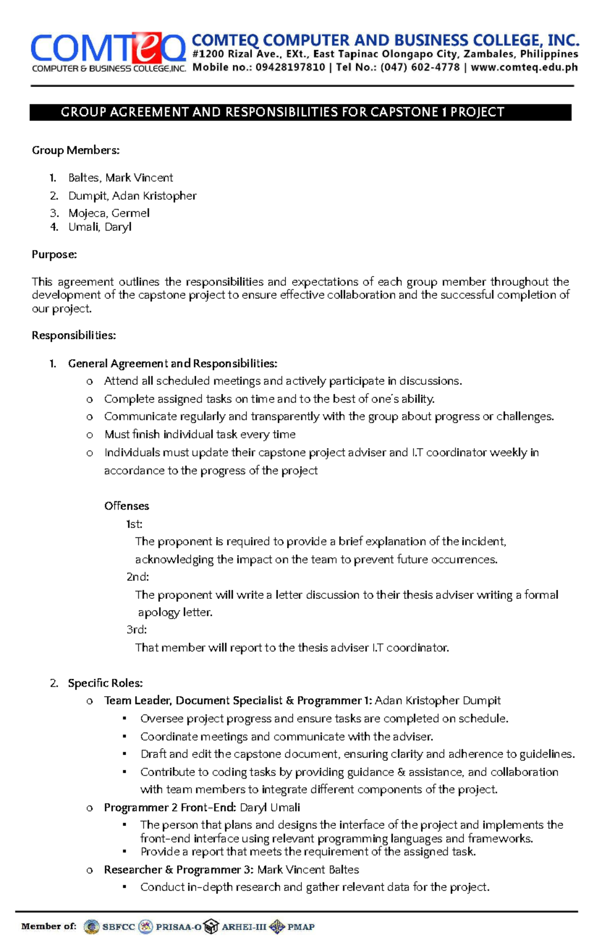 Group Agreement for Capstone Thesis 1: Team Roles and Responsibilities ...