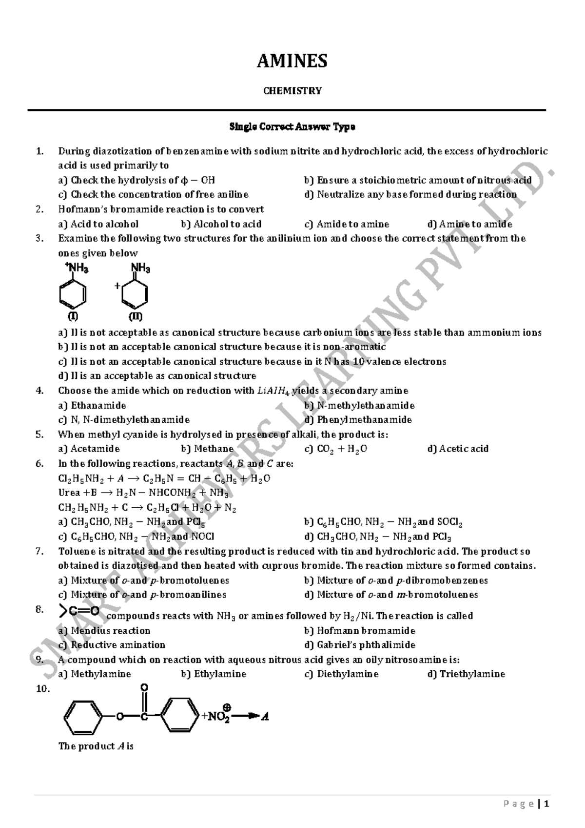Amines 2 - Chemistry: Single Correct Answer Type Questions - Studocu