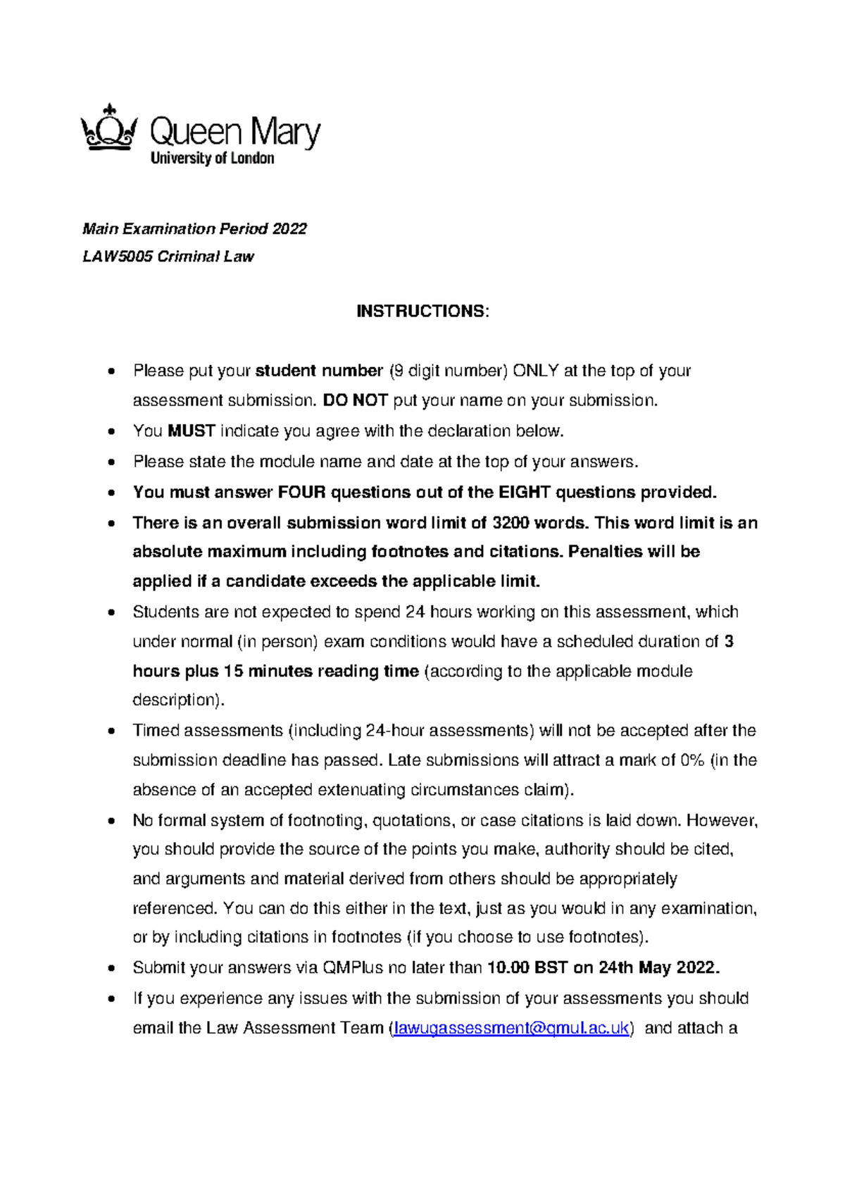 LAW5005 Criminal Law Summer Exam Paper 2022 Review and Analysis - Studocu