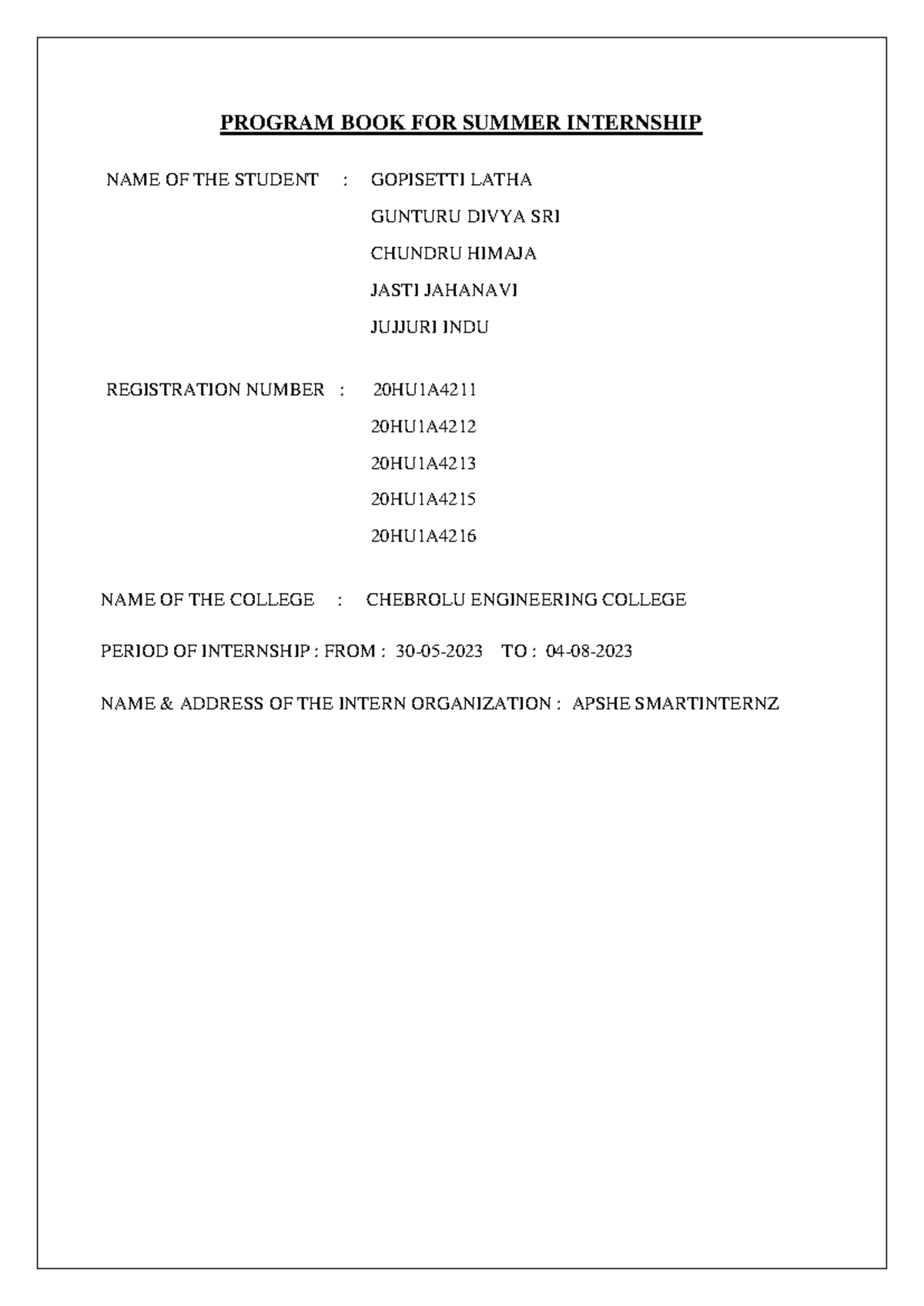 Group Short TERM Internship - PROGRAM BOOK FOR SUMMER INTERNSHIP NAME ...