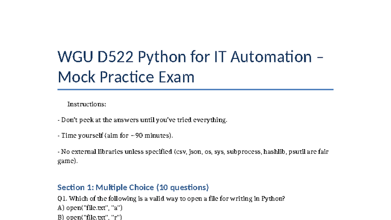 WGU D522 Python for IT Automation Mock Practice Exam - Studocu