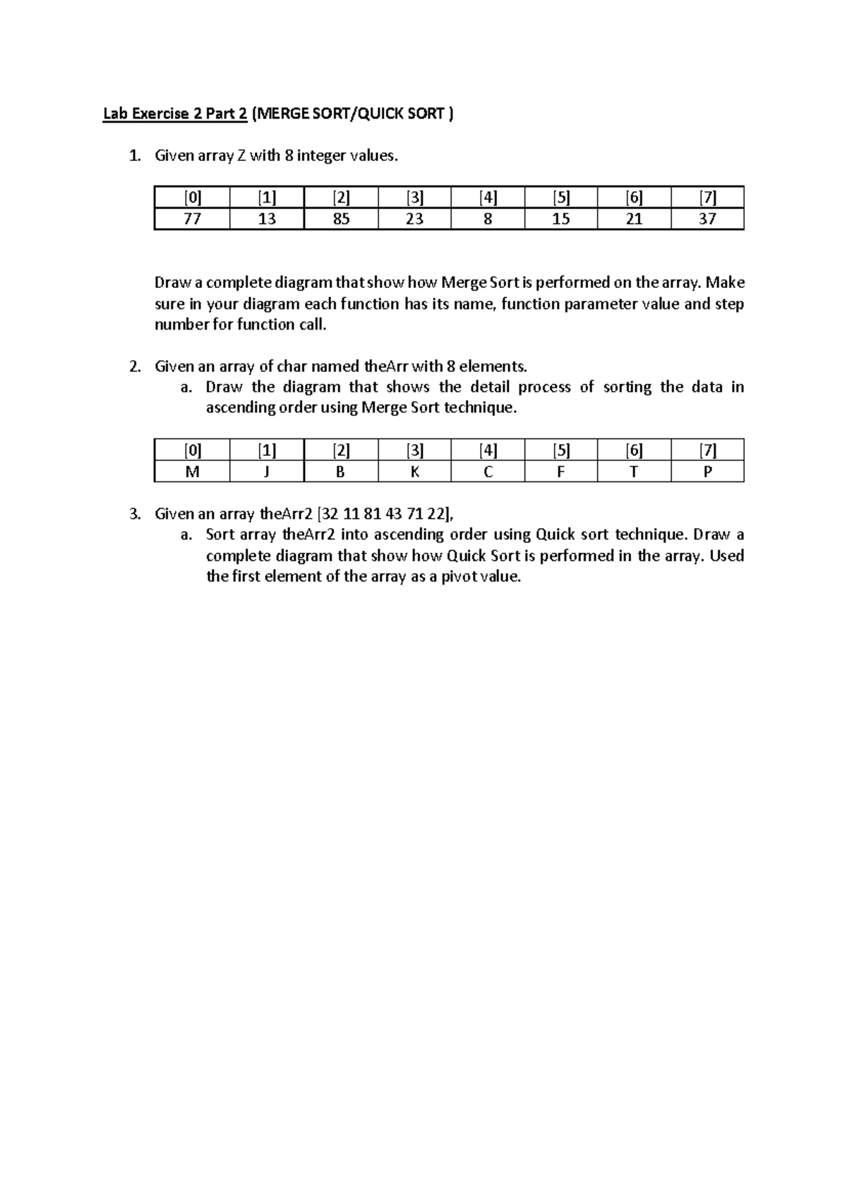 Lab Exercise 2 Part 2 - Merge & Quick Sort Diagrams - Studocu