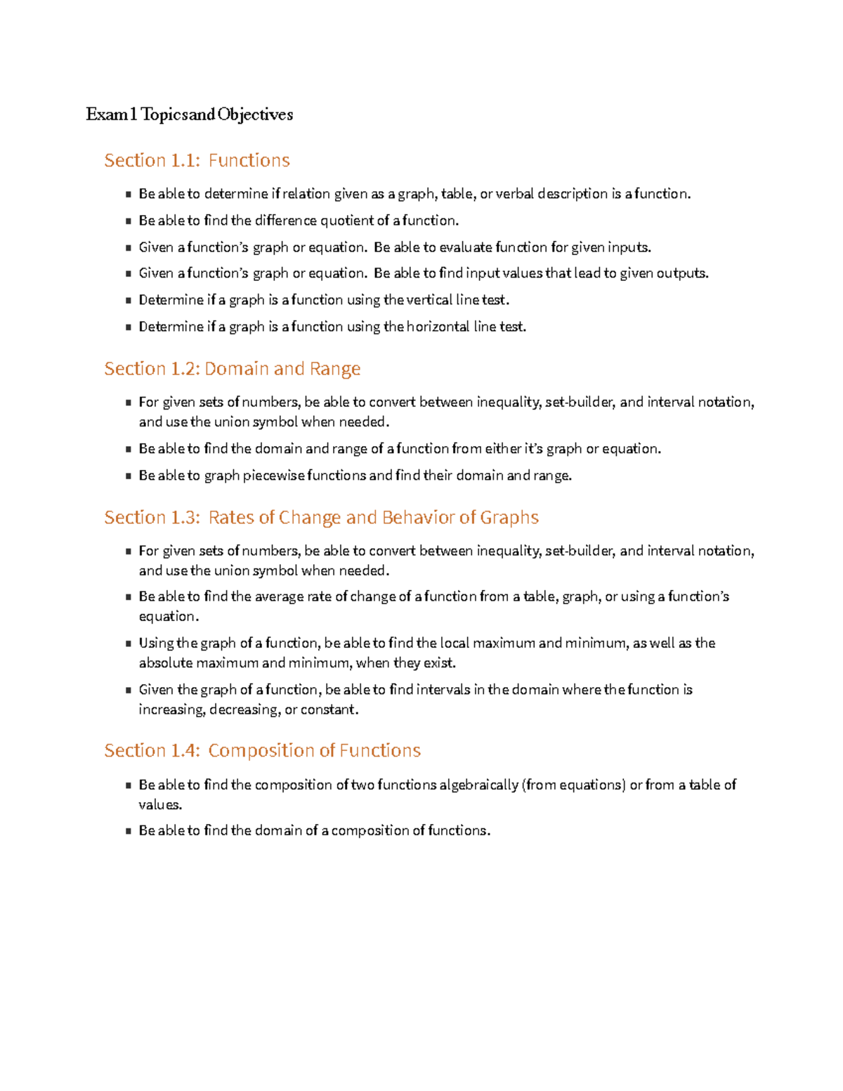 Exam 1 Topics & Objectives: Functions & Applications (MATH 101) - Studocu