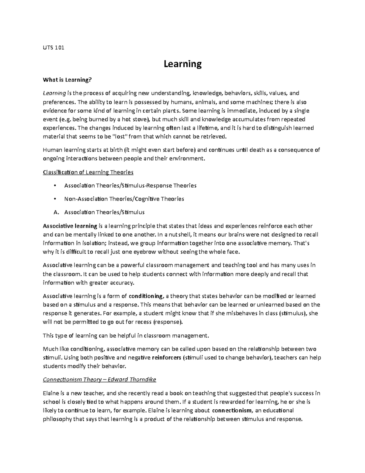 UTS 101: Understanding Learning Theories and Their Applications - Studocu