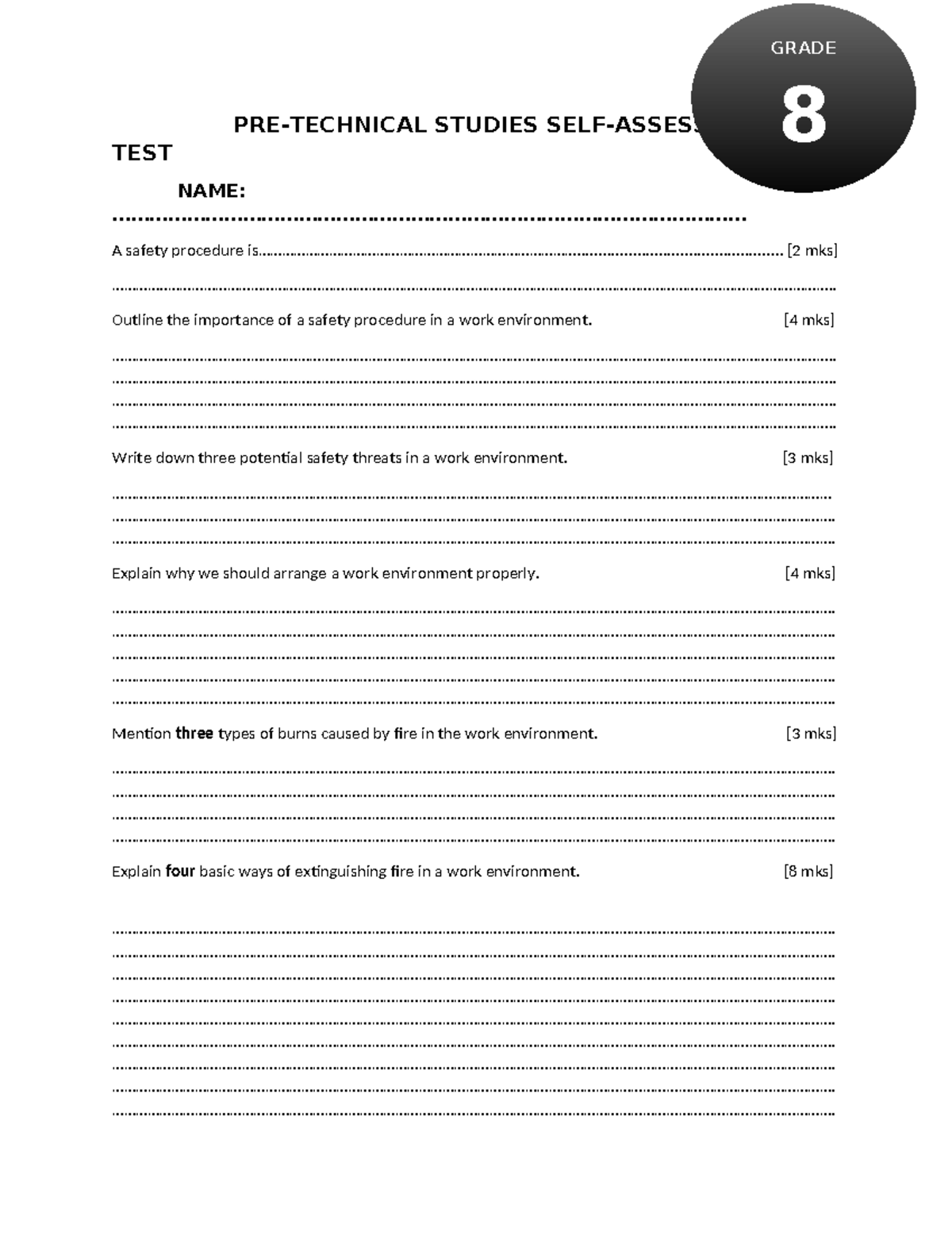 Grade 8 pre-tech sat - PRE-TECHNICAL STUDIES SELF-ASSESSMENT TEST NAME ...