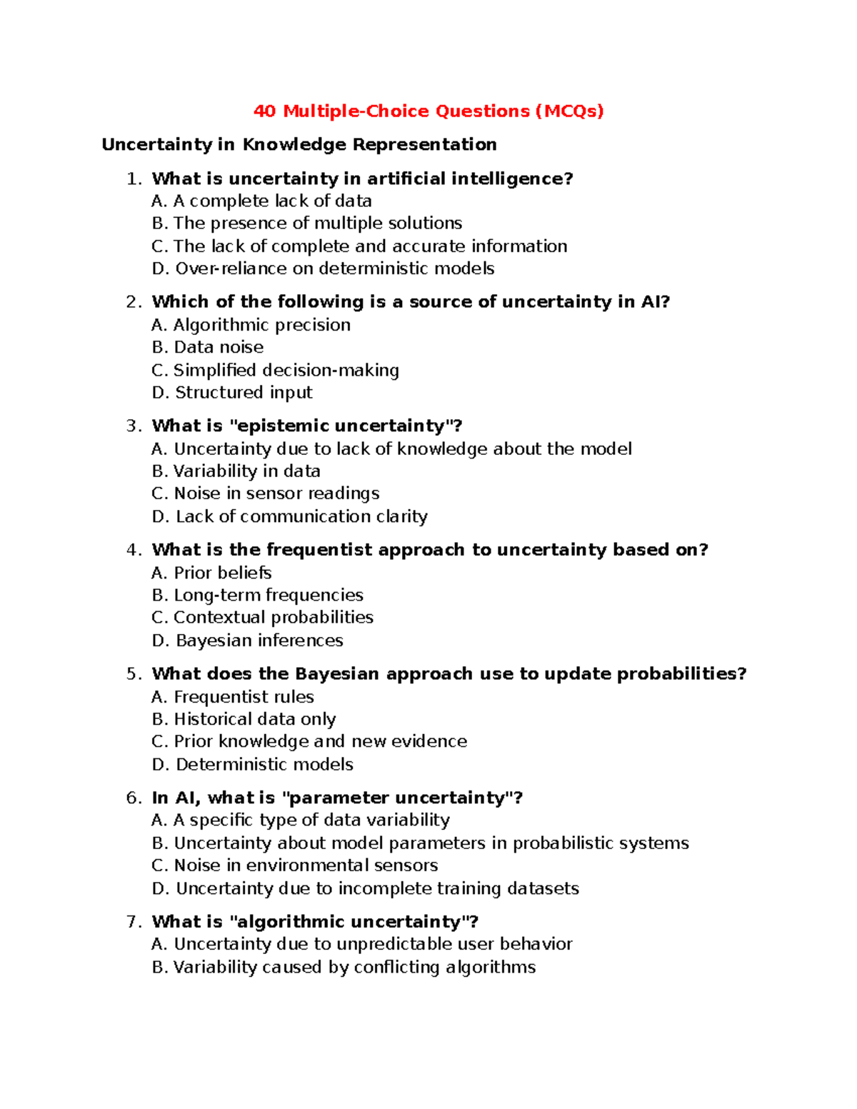 AI Chapter 7: MCQs & Structural Questions on Uncertainty in Knowledge ...