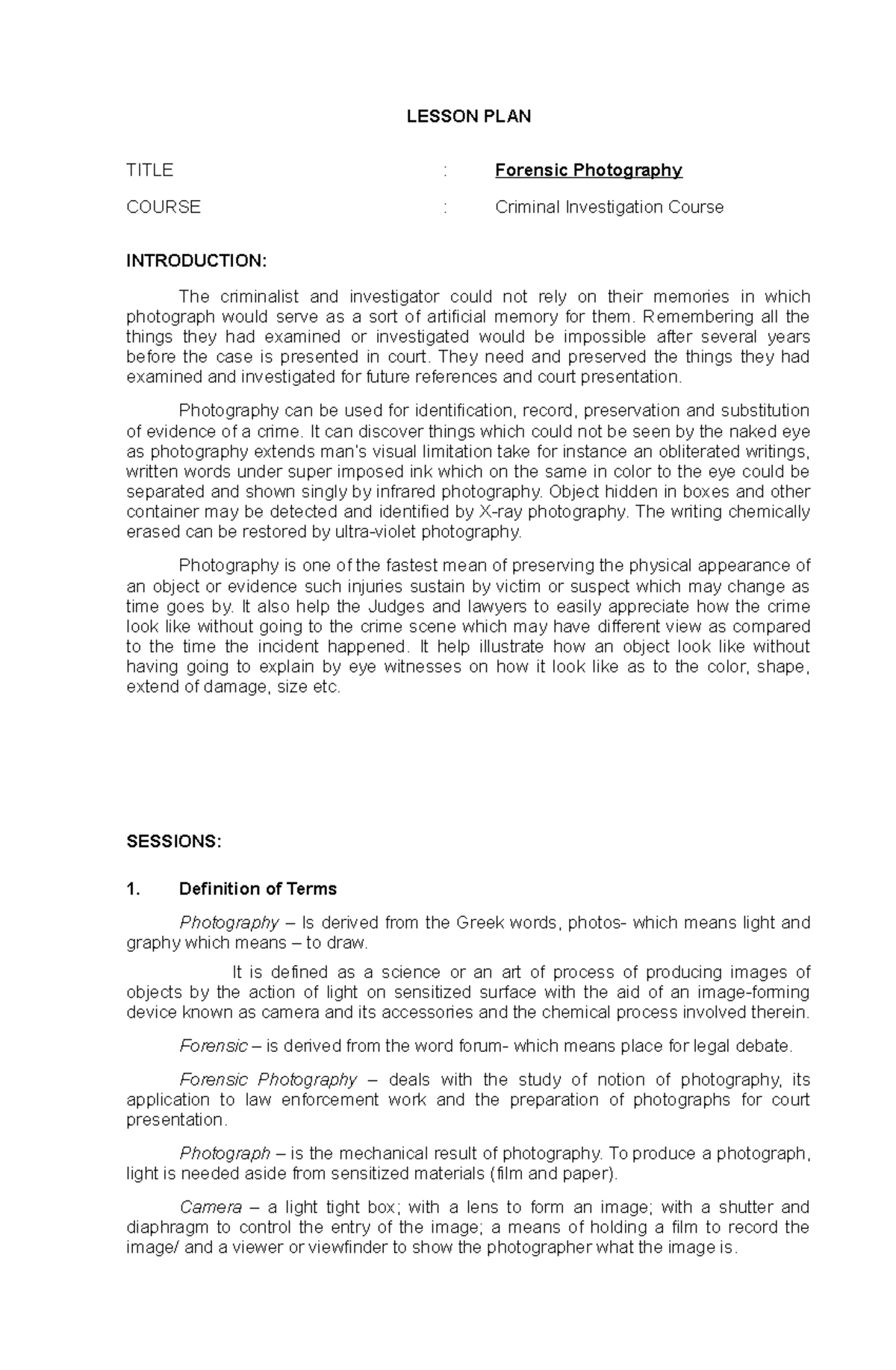 Forensic Photography Lesson Plan for Criminal Investigation Course ...