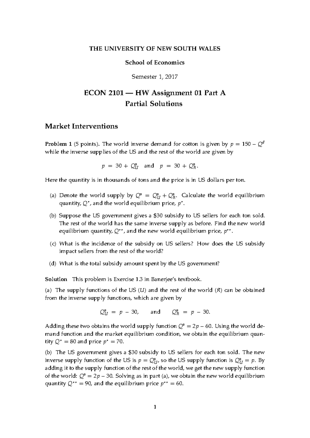 ECON2101 HW01 Solutions - Market Interventions & Budget Sets - Studocu