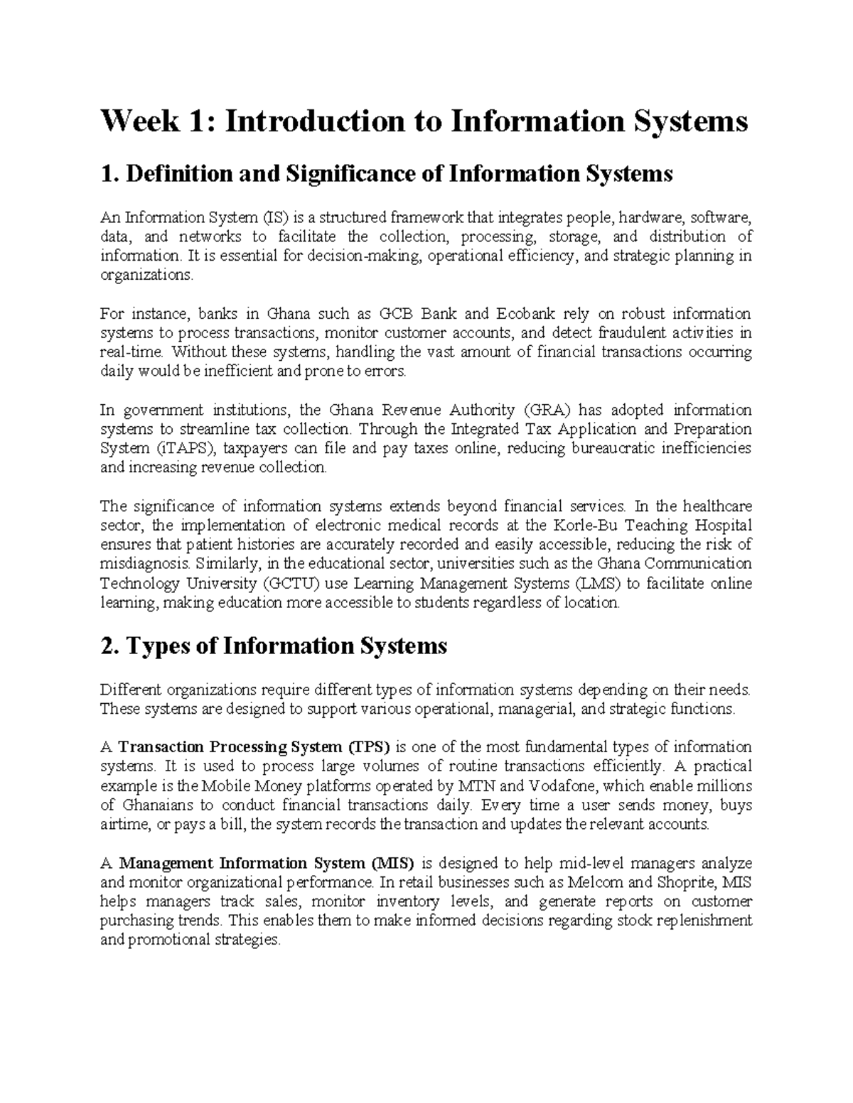 Week 1: Intro to Information Systems - Definition & Significance - Studocu