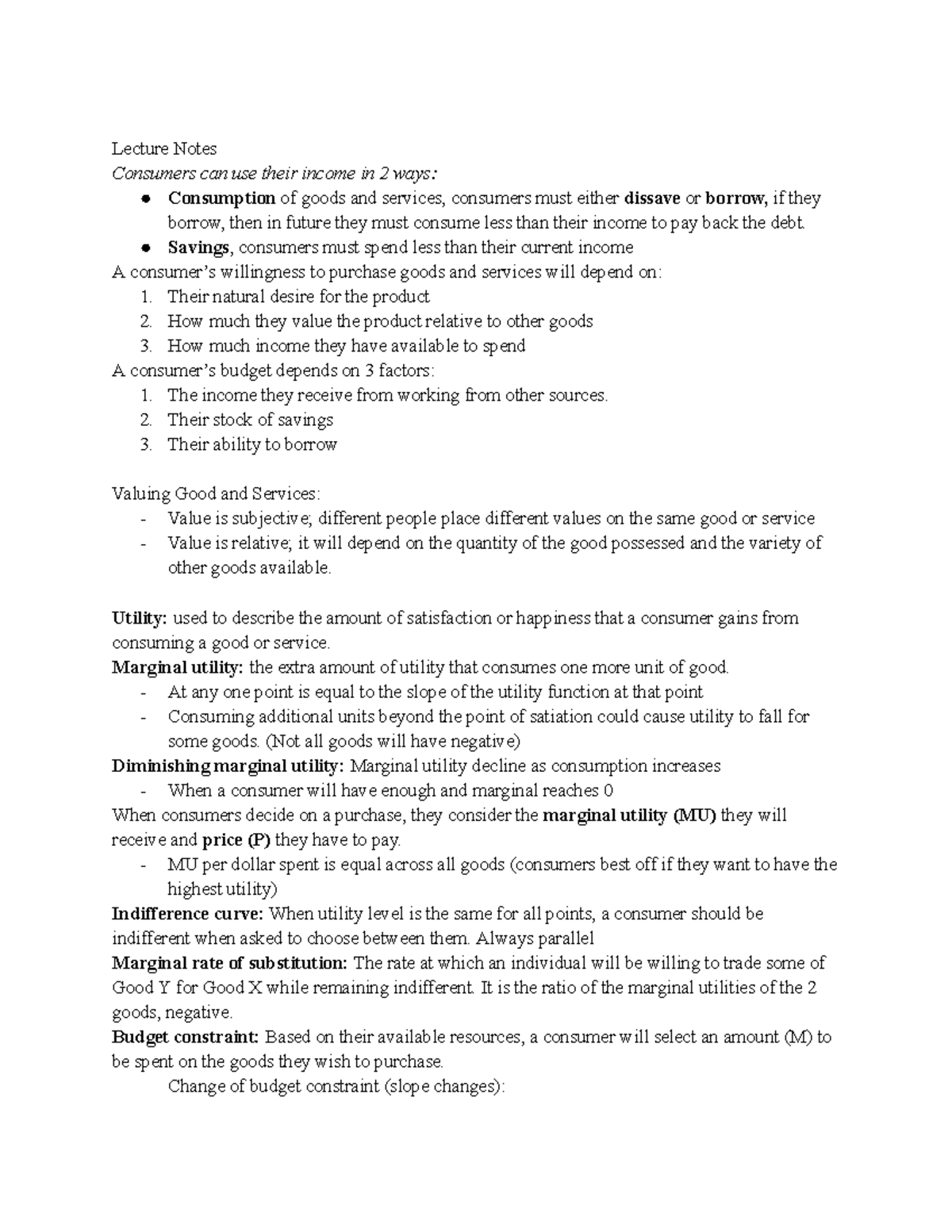 Midterm 2 - 1B03 Notes: Consumer Behavior and Utility Analysis - Studocu