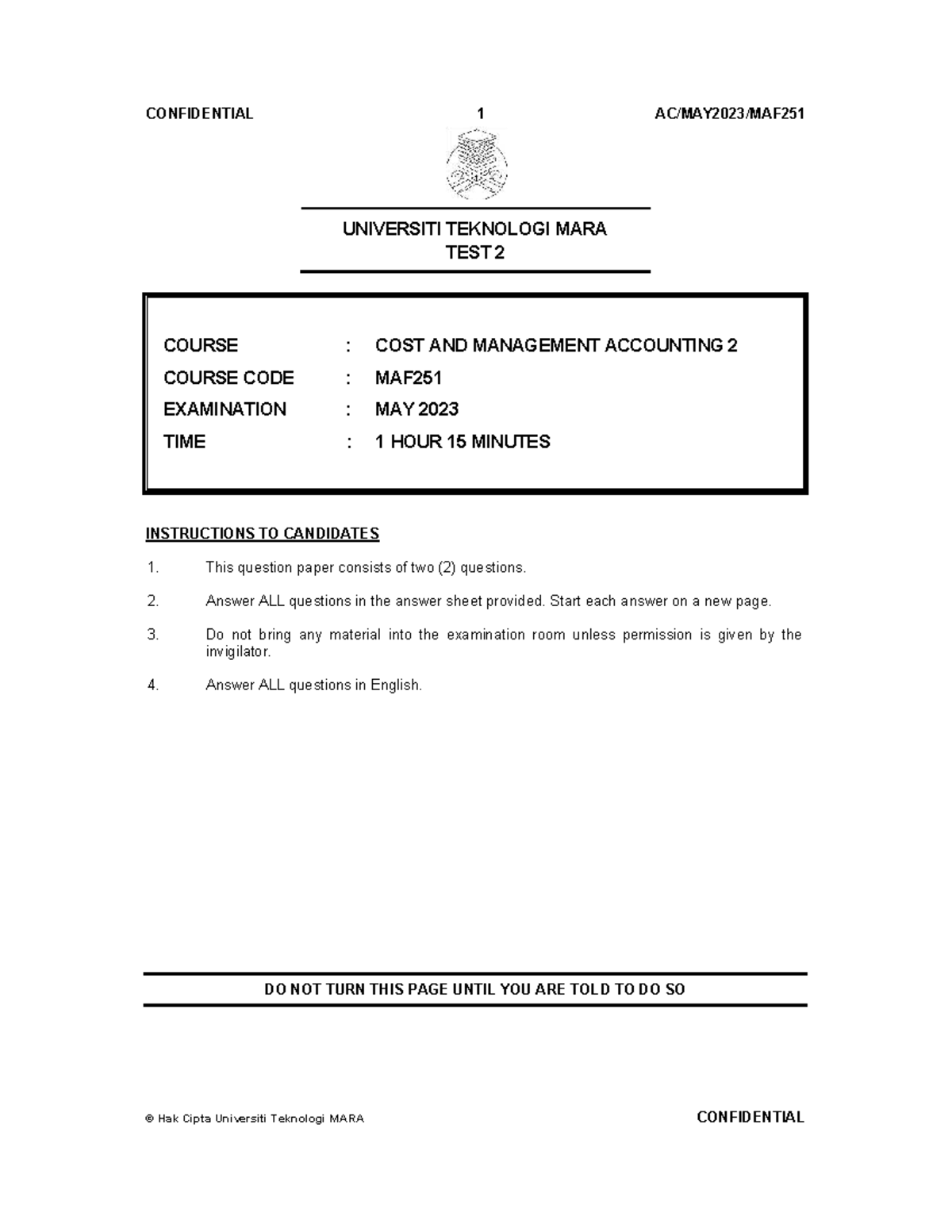Test 2: Cost & Management Accounting MAF251 - May 2023 Exam Paper - Studocu