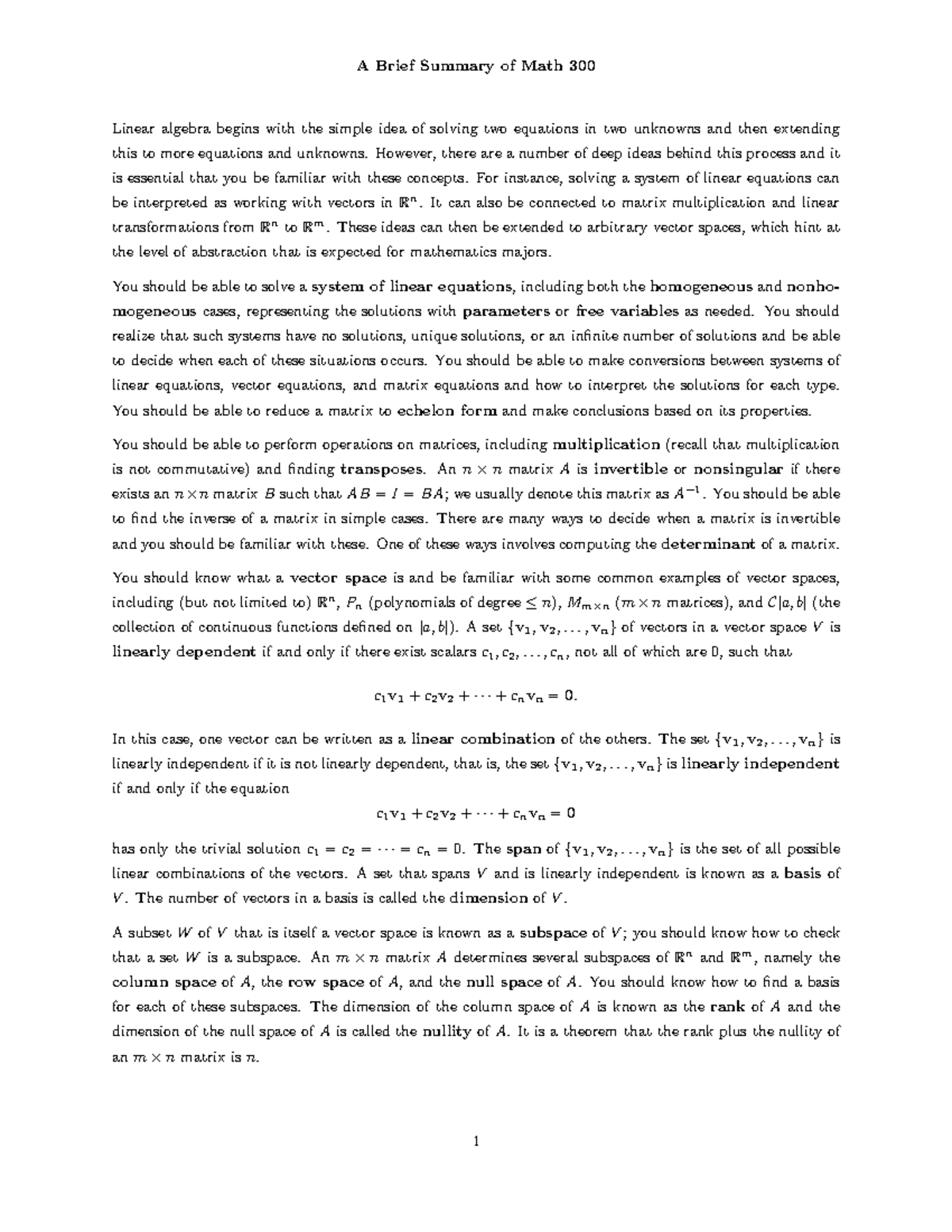Math 300: Key Concepts in Linear Algebra Summary - Studocu